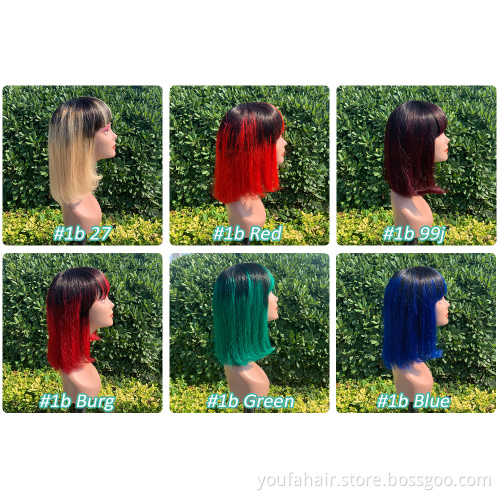 Dropshipping Brazilian Human Virgin Hair Bob Wig Ombre Color 1b Green Machine Made Short Bob Wigs with Bangs for Black Women